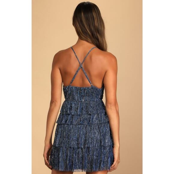 Lulus Glowing Gorgeous Blue Multi Metallic Tiered Mini Dress Size Small - Picture 13 of 13